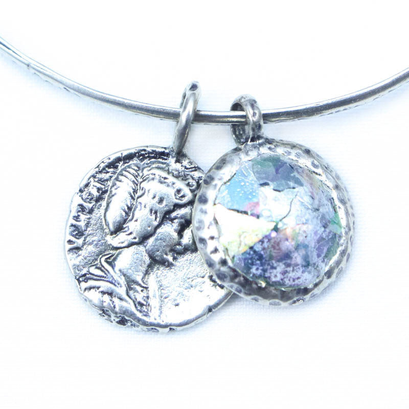 Coin and Flat Framed Charm Patina Roman Glass Bracelet
