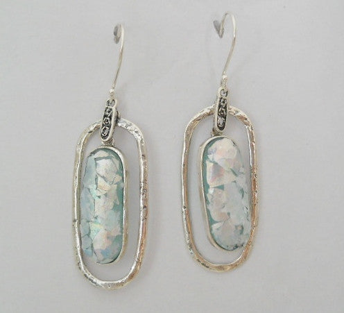 Ringed Long Oval Patina Roman Glass Earrings