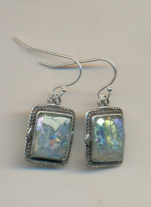 Braided Edge Rectangle Patina Roman Glass Earrings