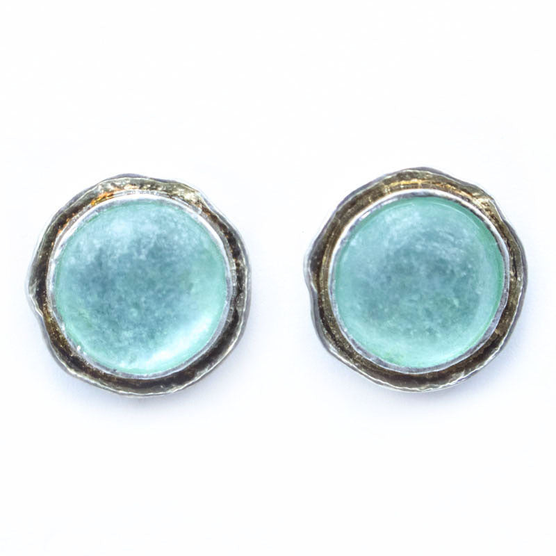 Petite Channel Framed Round Washed Roman Glass Earrings