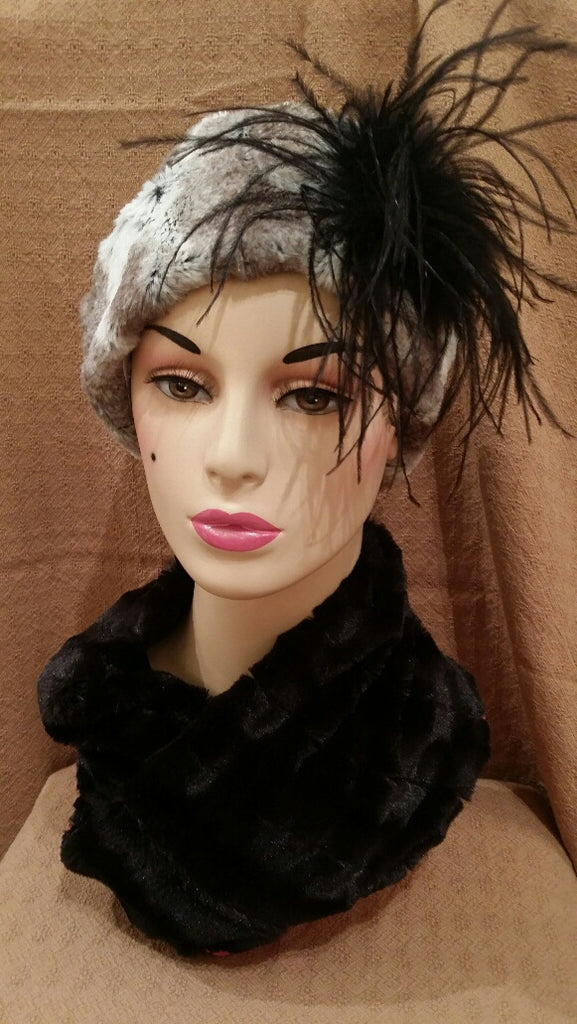 Birch Luxury Faux Fur Cuffed Pillbox Hat with Black Ostrich Feather