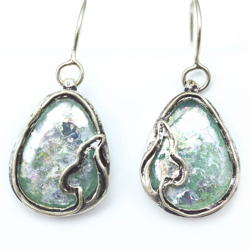 Fallen Leaf Teardrop Patina Roman Glass Earrings