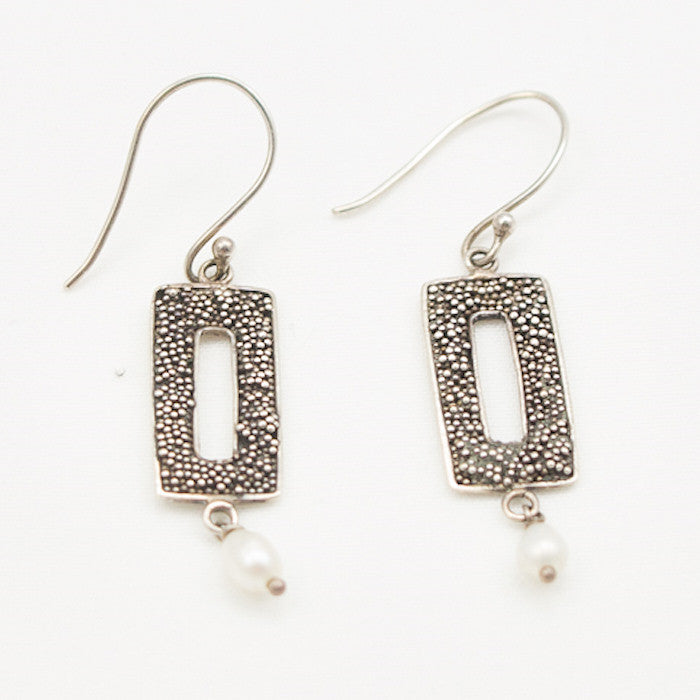 Sterling Silver Granulated Rectangle with Pearl Drop Earrings