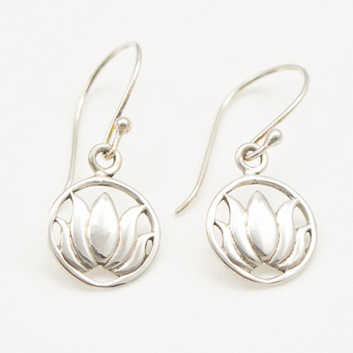 Sterling Silver Round Lotus Dangle Earrings