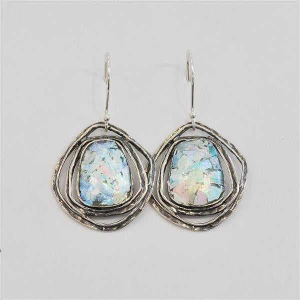 Ringed Rectangle Patina Roman Glass Earrings