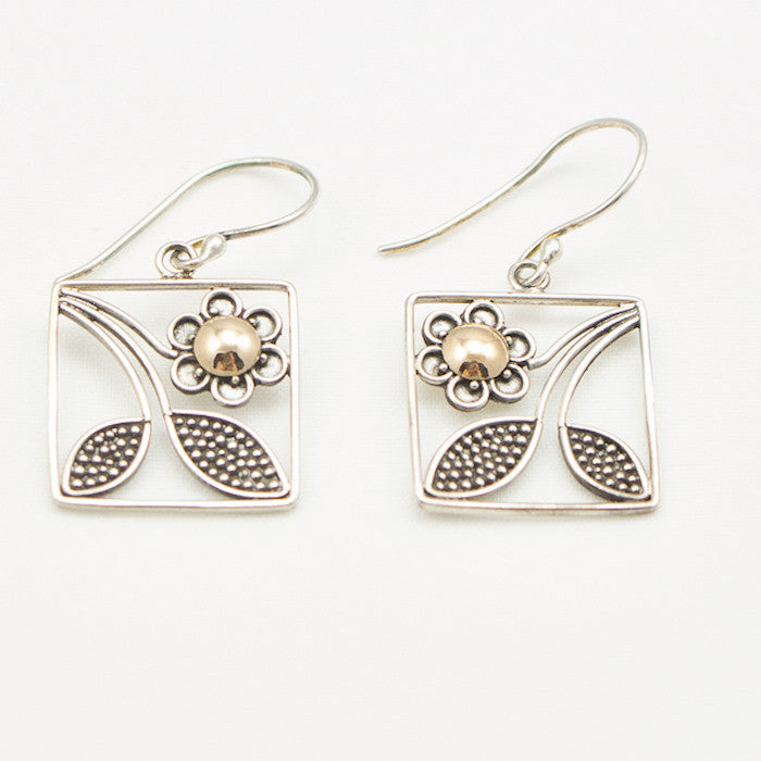 Sterling Silver 22K Gold Flower & Silver Leaf Square Dangle Earrings