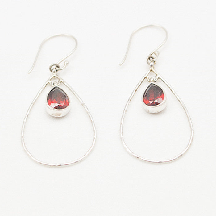 Sterling Silver Hammered Teardrop with Center Garnet Drop Earrings