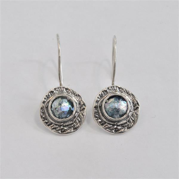 Wide Framed Round Dangle Patina Roman Glass Earrings