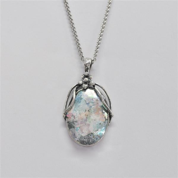 Silver Flower Roman Glass Necklace