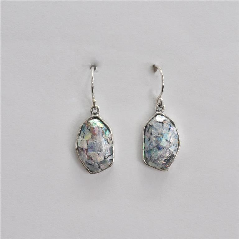 Hex Shaped Silver Roman Glass Earrings