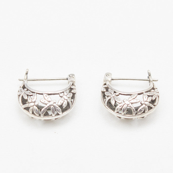 Sterling Silver Small Silver Hoop with Dragonfly Design Earrings