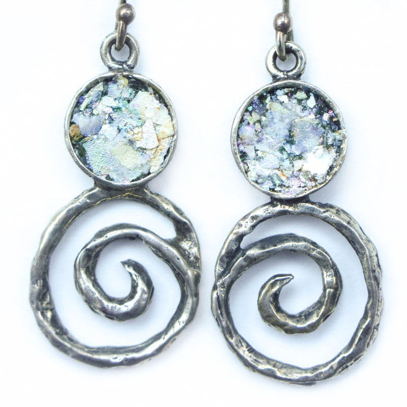 Small Circle with Spiral Roman Glass Earrings