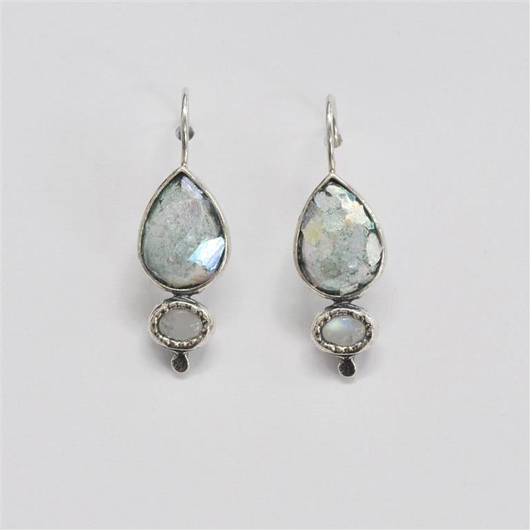 Shiny Silver Tear Shaped with Dangle Roman Glass Earrings