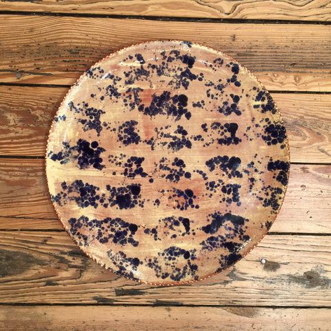 Thick Blue Spatter Design on Dark Cream Redware Pottery Plate