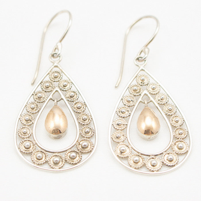 Sterling Silver Open Teardrop with 22K Gold Center Dangle Earrings