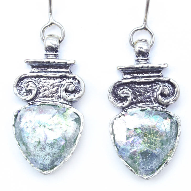 Corinthian Column Inspired with Triangle Patina Roman Glass Earrings