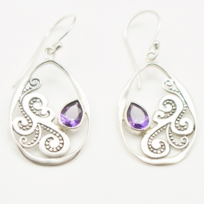 Sterling Silver Teardrop with Fancy Nouveau Design and Offset Amethyst Dangle Earrings