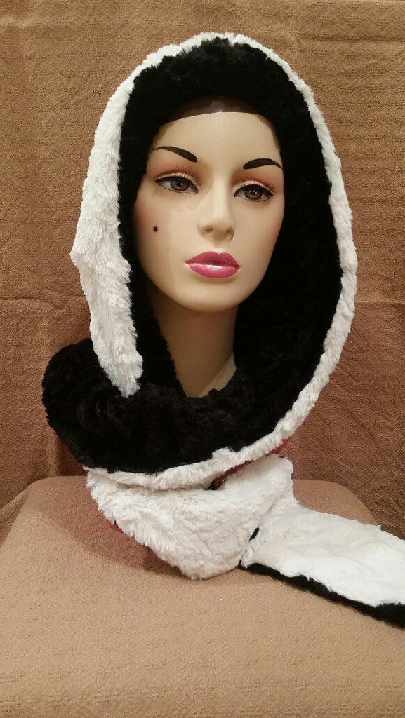 Cuddly in Black and Ivory Luxury Faux Fur Hoody Scarf