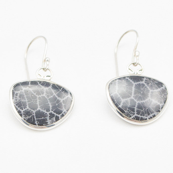 Sterling Silver Round Triangle Of Black Coral with Silver Wrapped Bezel Earrings