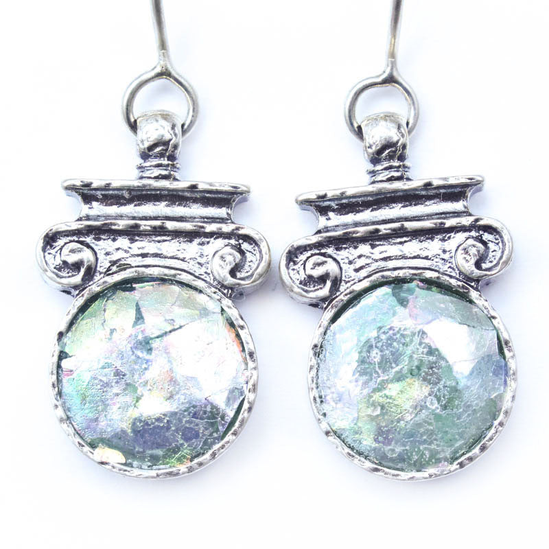 Corinthian Column Inspired with Round Patina Roman Glass Earrings