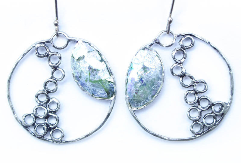 Open Circle Cascading Bubbles Design Patina Roman Glass Earrings