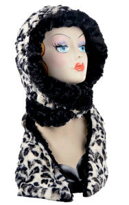 White Jaguar with Cuddly Black Luxury Faux Fur Hoody Scarf