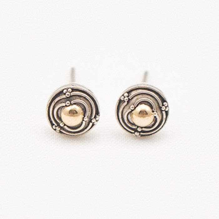 Sterling Silver Post with Labrynith Design Earrings And 22K Gold Center