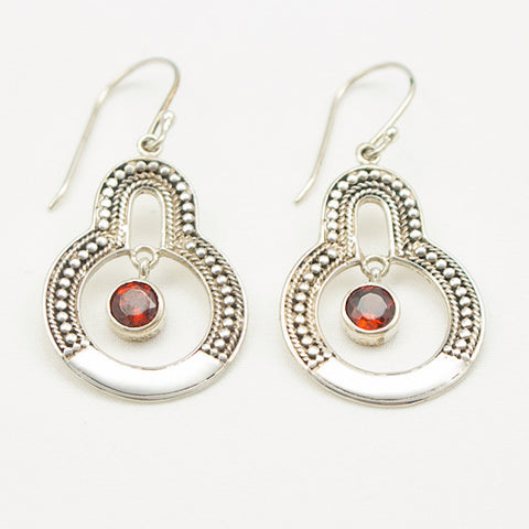 Sterling Silver Dangle with Granulation And Center Round Faceted Garnet Earrings