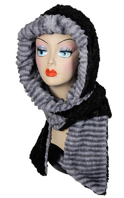 Devon Rex with Cuddly Black Luxury Faux Fur Hoody Scarf