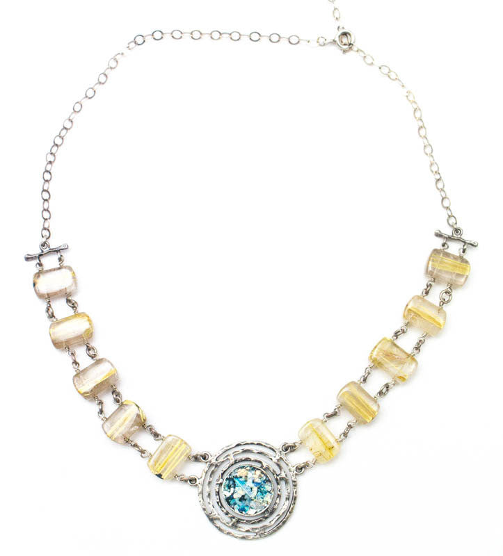 Gold Quartz Chain with Round Roman Glass Necklace