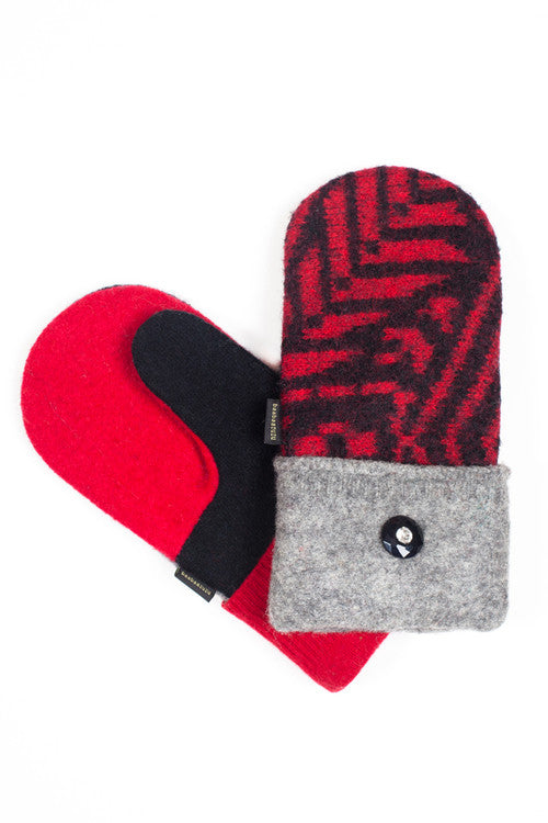 Wool Mittens in Red, Black & Grey