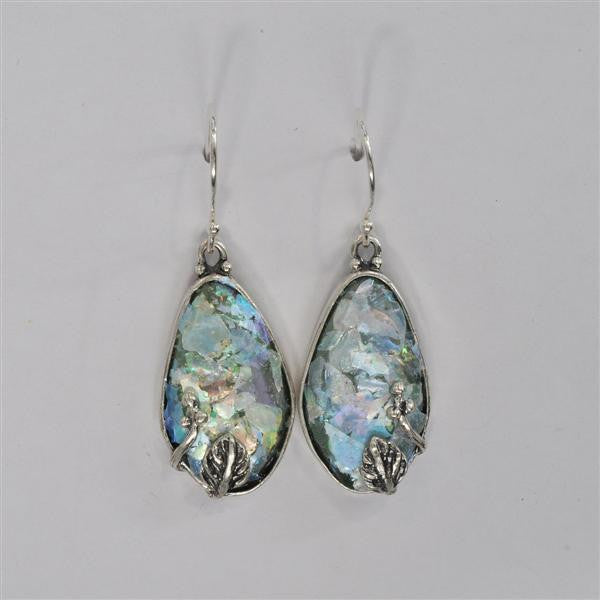 Vine Setting Oval Patina Roman Glass Earrings