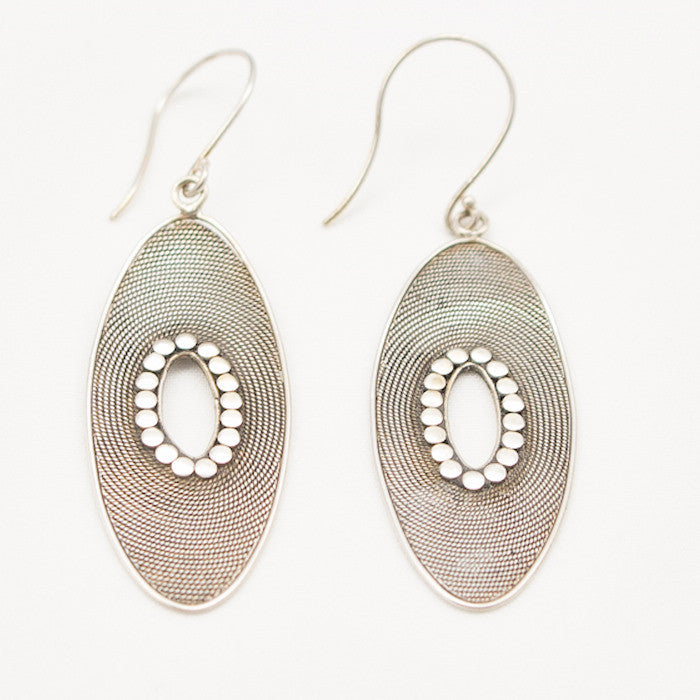 Sterling Silver Oval with Minute Braiding and Center Silver Dot Dangle Earrings