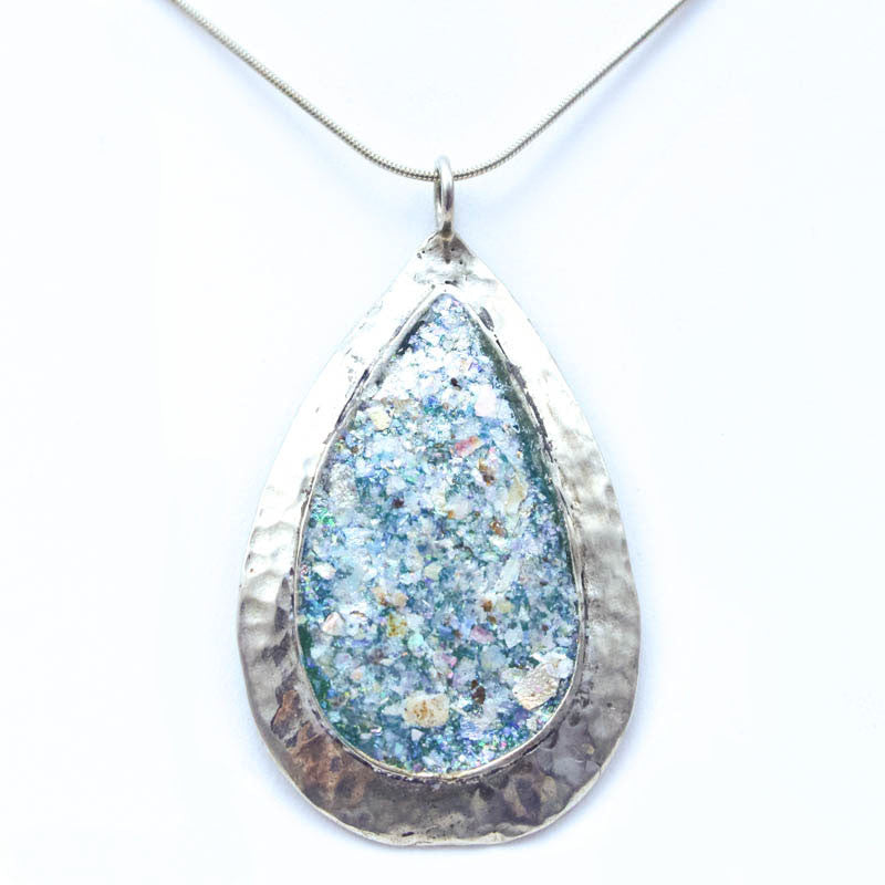 Hammered Sterling Silver Large Teardrop Roman Glass Necklace