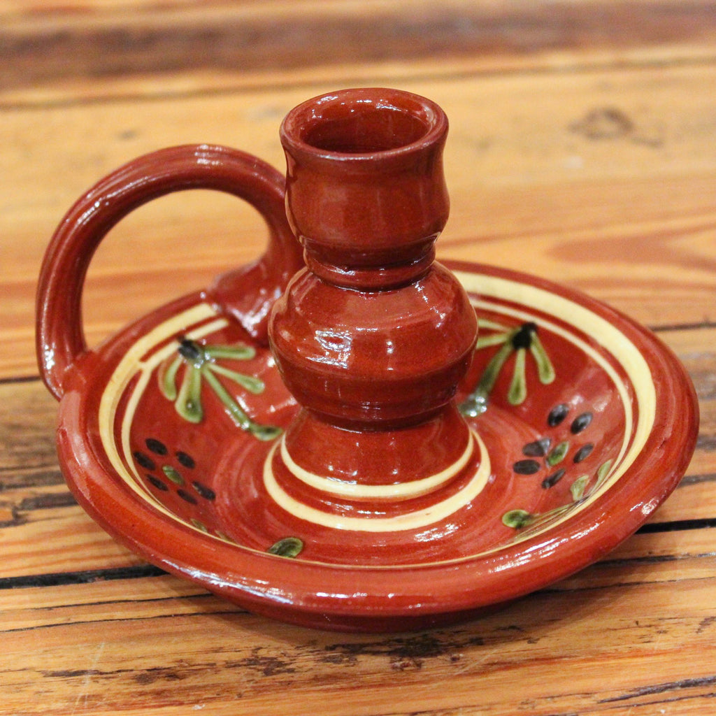 Redware Candlestick Holder with Ferns and Polka Dots