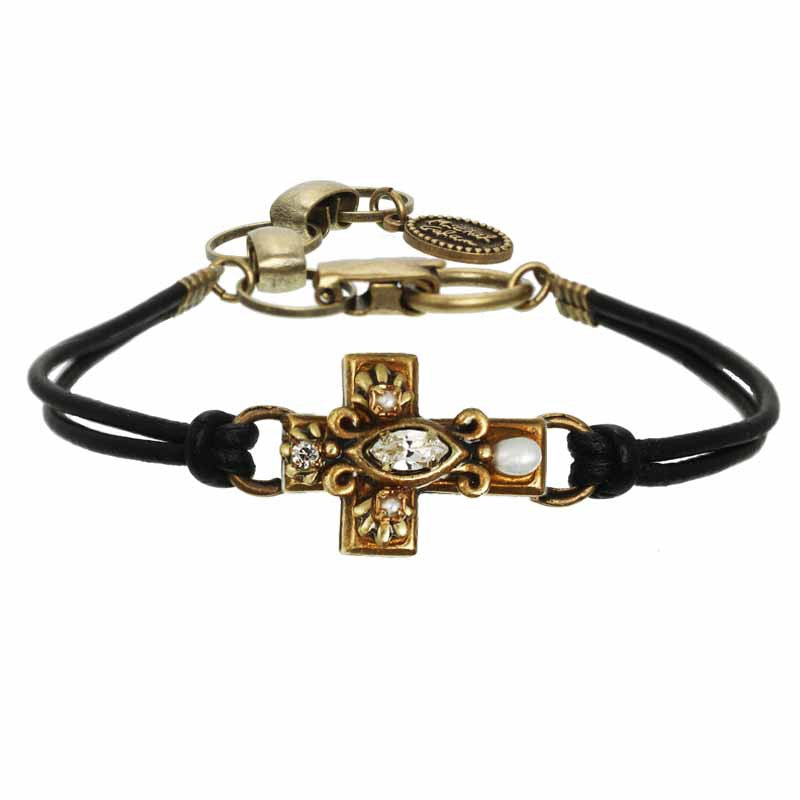 Clear Crystal Gold Cross Leather Bracelet by Michal Golan