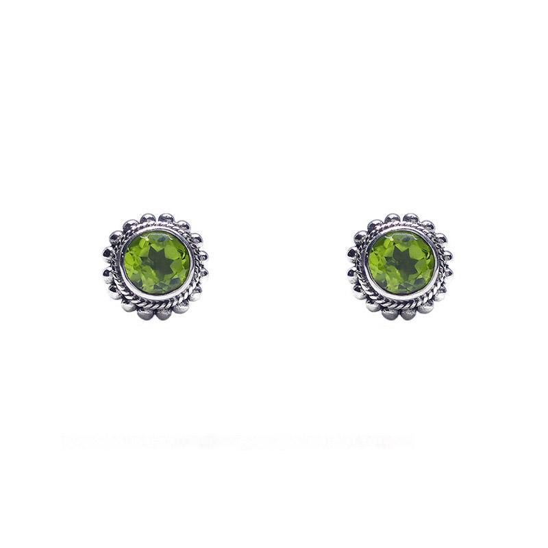 Sterling Silver Round Faceted Peridot with Granulation Border Post Earrings