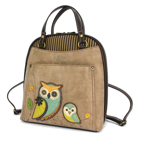 Owls Convertible Backpack Purse in Taupe