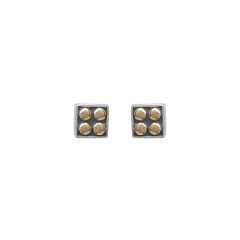 Sterling Silver Square Stud with Four 18k Gold Dots Earrings
