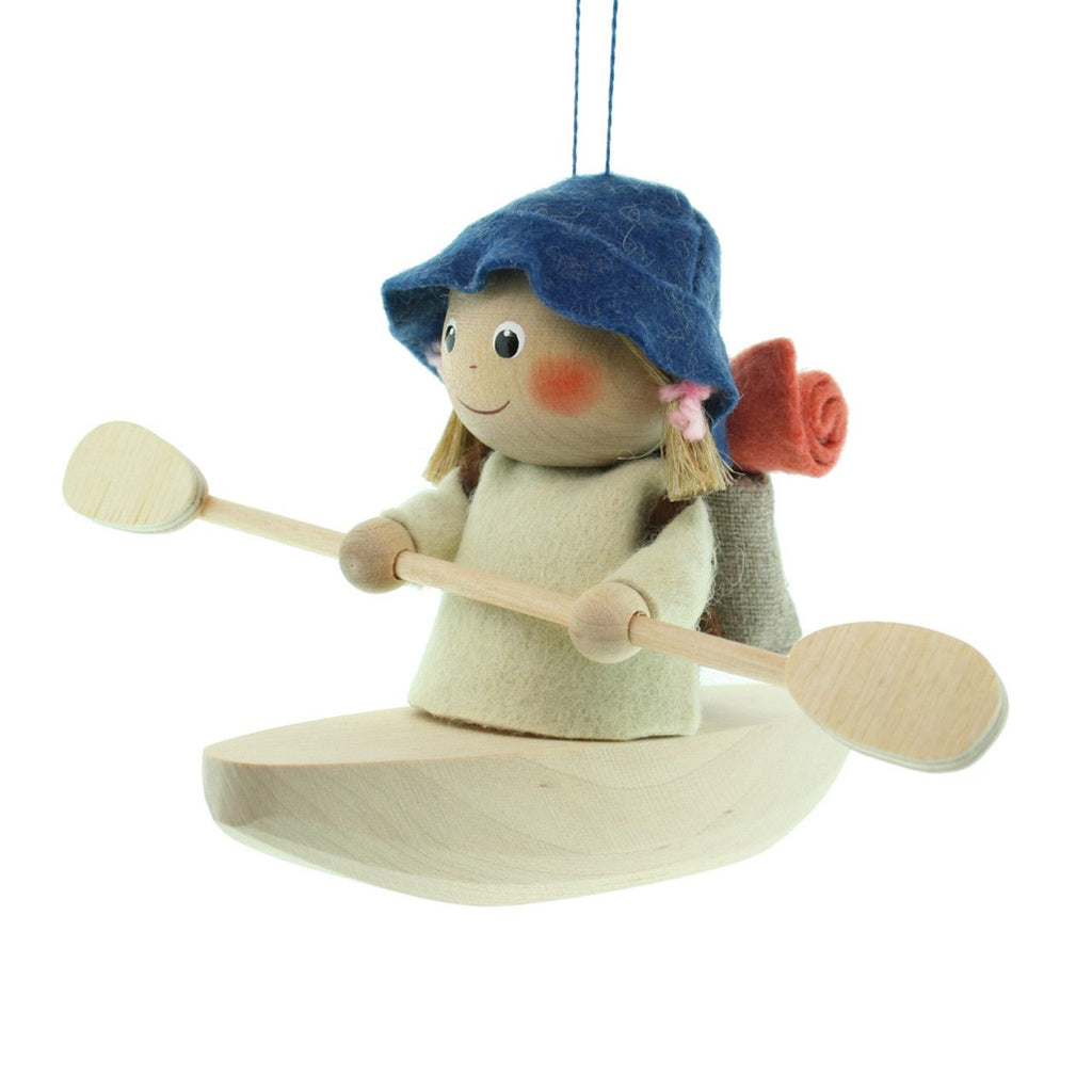 Girl with Backpack in Kayak Handcrafted Wooden Ornament