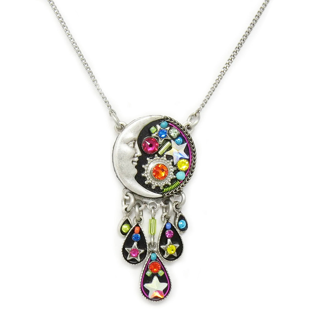 Multi Color Luna Circular Pendant with Tear Drop Dangles Necklace by Firefly Jewelry