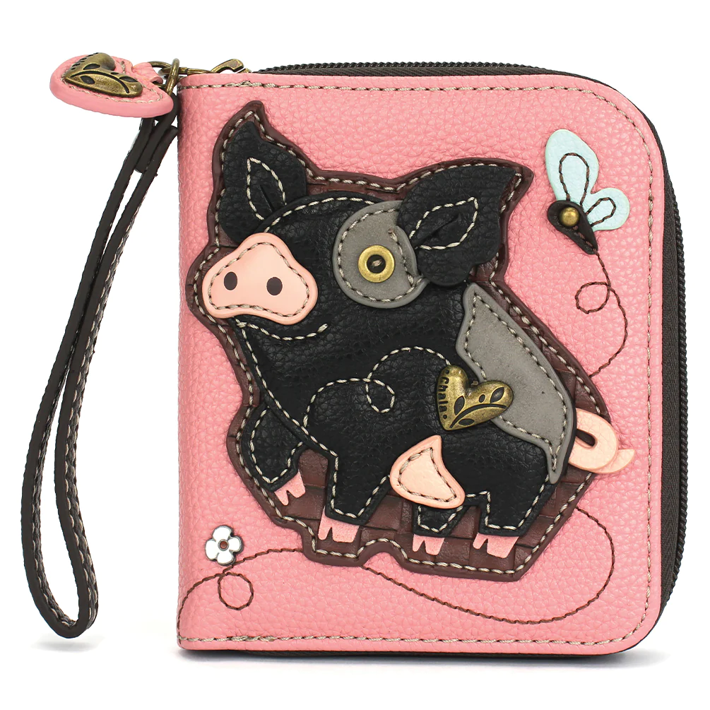 Spotted Black Pig Zip-Around Wallet in Pink