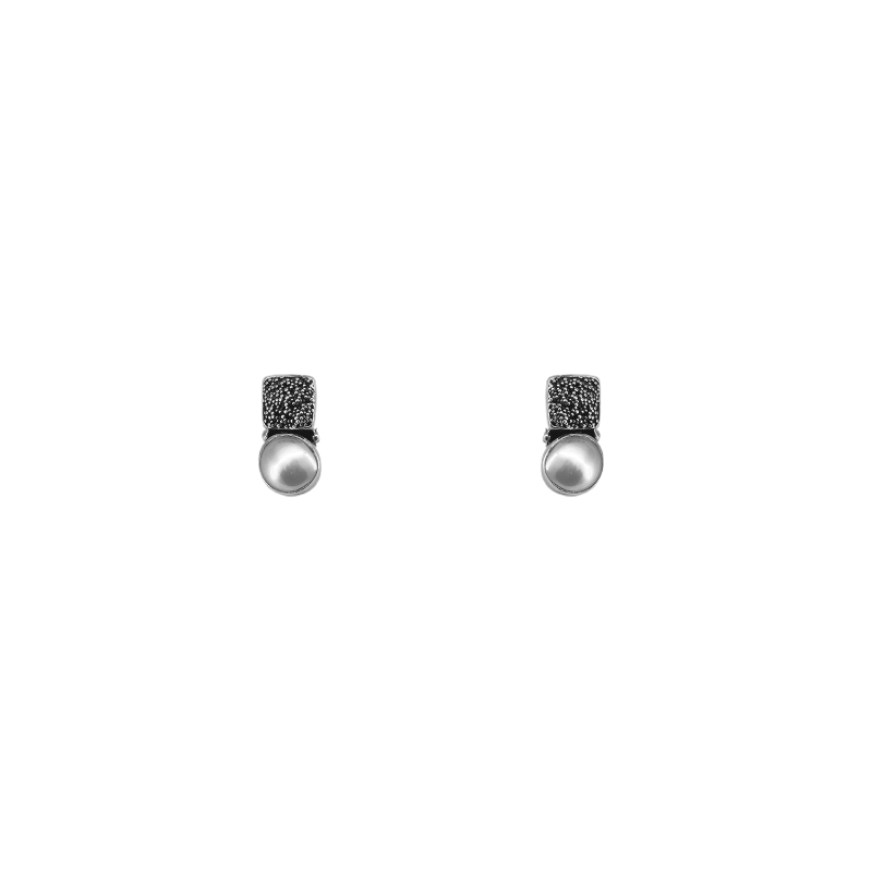 Sterling Silver Square with Granulation Pearl Drop Stud Earrings