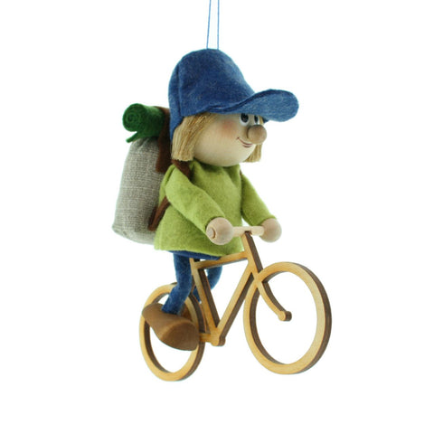 Boy with Backpack and Bicycle Handcrafted Wooden Ornament