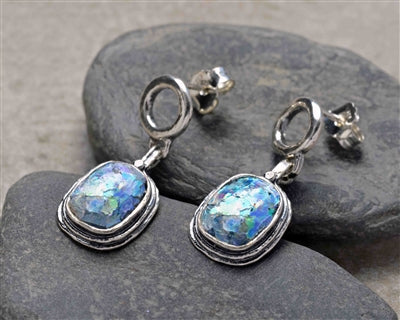 Rectangle Dangle Roman Glass Post Earrings