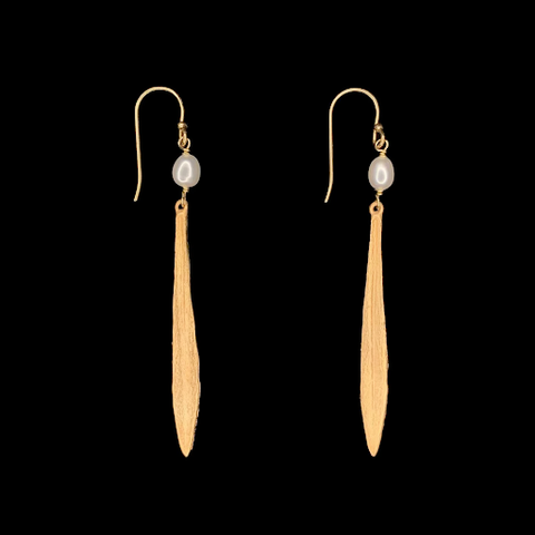 Leaf and Bud Long Pearl Drop Wire Earrings by Michael Michaud