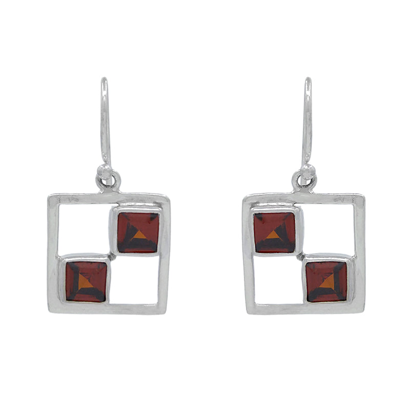 Sterling Silver Square Dangle with Two Faceted Garnet Earrings