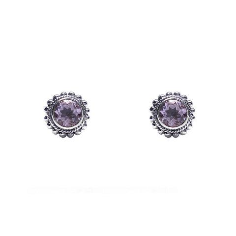 Sterling Silver Round Faceted Amethyst with Granulation Post Earrings