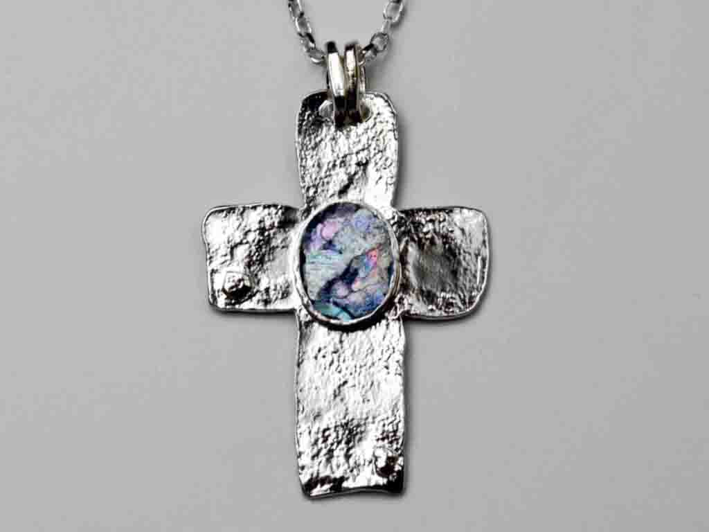 Hammered Cross Roman Glass Necklace