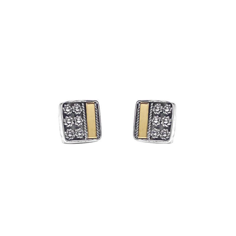 Sterling Silver Small Square with Offset 22k Gold Bar Stud Earrings
